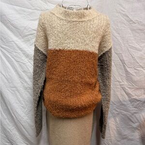 Mystree Cream and Orange Colorblock Turtleneck Sweater